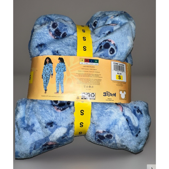 Disney Stitch One‑Piece Pajama Hooded Fleece Soft Jumpsuit Blue Adult Size S NWT - Picture 3 of 9